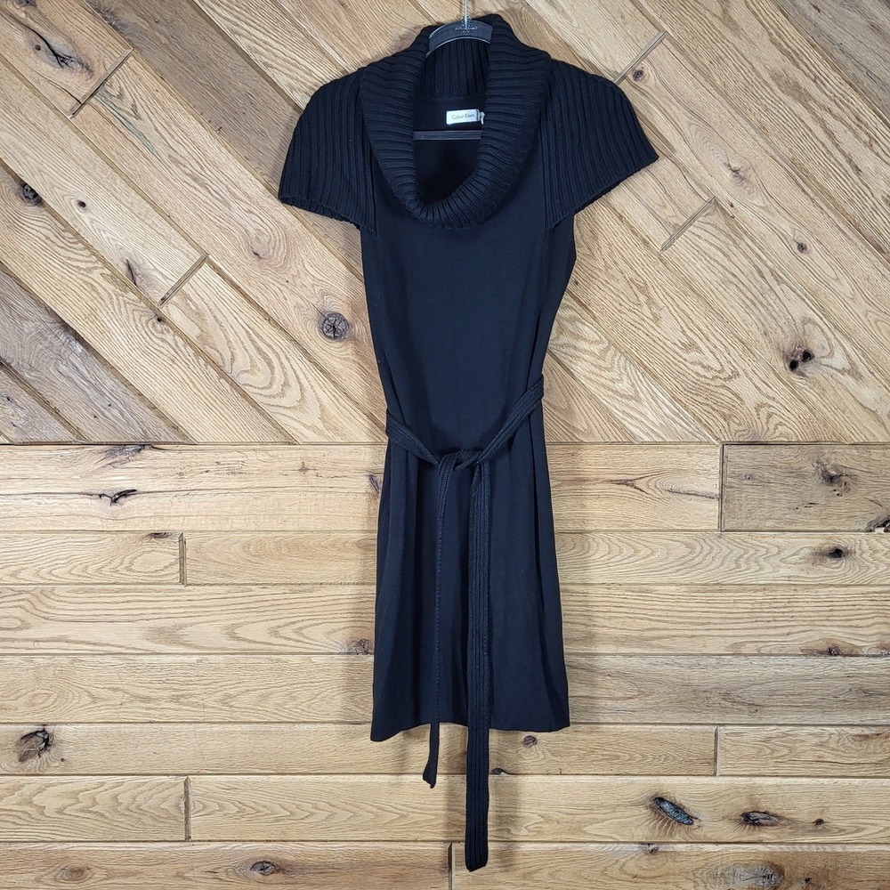 Calvin Klein Sweater Dress Womens Size M Black Cowl Neck Belted Knit Cap Sleeve